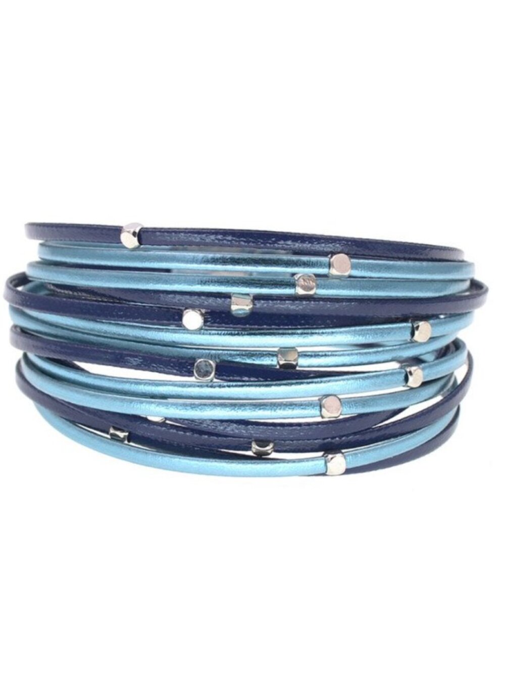 NWT Blue Multi-Strand Leather Look Bracelet – Metallic Wrap Cuff with Silver Ton